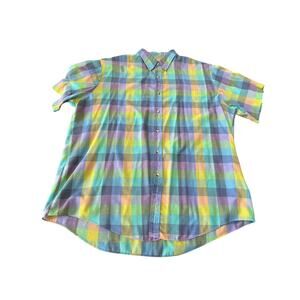 Ivy Club Mens L Plaid Shirt Blue Green Pastel Short Sleeve Summer Lightweight‎